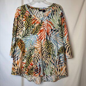 Tahari Palm Leaves 3/4 Sleeve V Neck Blouse  |  Size 1X  |  NWOT